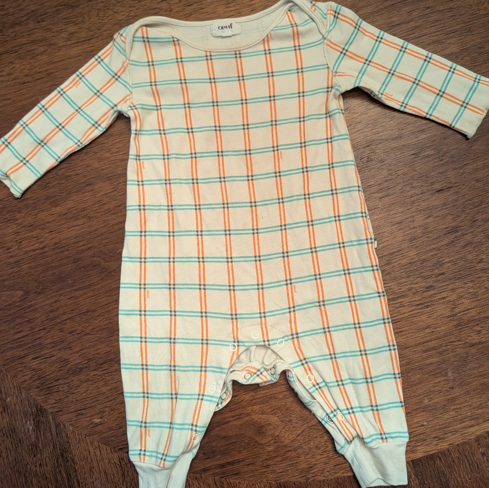 Oeuf Baby Square Cream Check Print Romper, 6-12mo Baby Romper, Organic Cotton